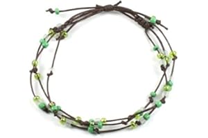 GOWER COAST CRAFTS Handmade 3 String Adjustable Green Bead Surf Anklet on Brown Cotton Cord