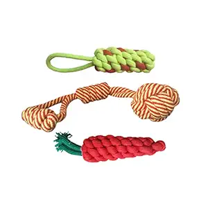 W9 Combo of 3 Pet Teeth Cleaning Chewing Biting Knotted Small Puppy Toys -100% Natural & Safe Cotton