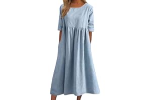 CENUHE 2023 Donne Cotone Lino Abito Manica Corta Crewneck Tasca Abito, Donna Estate Abito
