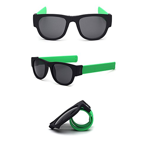 Slapsee Polarized Sunglass UV400 Protection Folding Casual Sunglass Slap-on Wraparound for Adults and Kids (Black Matte Frame/Green Mirror Legs)