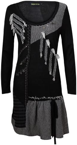 New Womens Patchwork Tunic Dress Black White Long Sleeve Scoop neck Metal/Stitch Detail Shirring Sugar Crisp Ladies Fashion 16