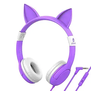 iClever Kids Headphones with Mic for Girls Gifts, Cat Ear Hello Kitty Wired Headphone for Children on Ear,Adjustable 85/94dB Volume Control,Headsets with Microphone for Kindle/Tablet Purple