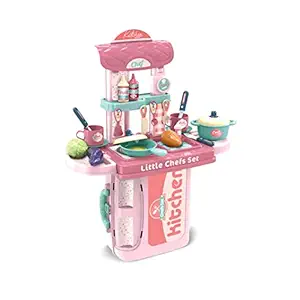 Dwellinger 3 in 1 Portable Pretend Play Kitchen Set for Kids Girl Toys with Cooking Utensils, Role Play Kitchen Accessories with Carry Suitcase