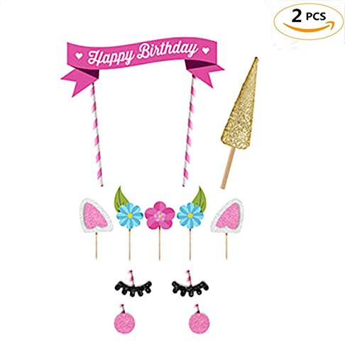 Loheag Clinor 2PCS Gâteau Licorne Kawaii Mignon Décoration Topper Bon Anniversaire Fait Main Party Supplies DIY pour les Enfants