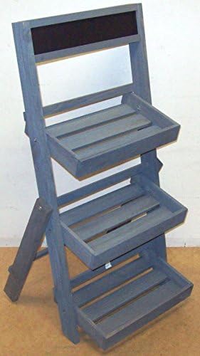 Vintage 3 Tier Wooden Etagere Shelving Display Shelf Unit &amp; Chalk Board Pot Stand - Grey