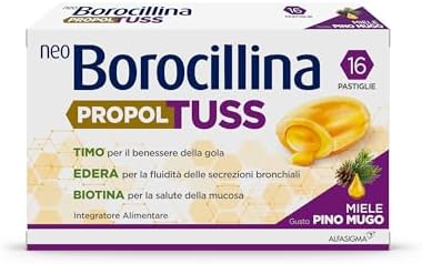 Neo Borocillina Propoltuss, Integratore Alimentare per i primi sintomi della tosse e il benessere della gola, 16 Pastiglie, Gusto Pino Mugo