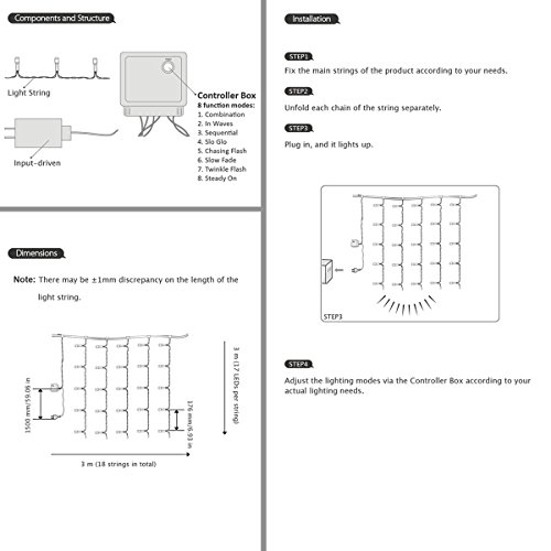 LE Lichterkettenvorhang 306 LEDs, 8 Modi 3m x 3m IP44 wasserfest Sternen LED Lichterketten für Weihnachten / Deko / Party, Weihnachtsbeleuchtung, Hochzeit usw. (warmweiß) - 5