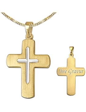CLEVER SCHMUCK-GRAVUR-SET Silberner Anhänger Kreuz 24 mm matt vergoldet und innen diamantiert und Kette glänzend...