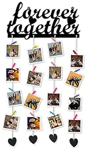 TRENDZ DECOR Wooden Forever Together Display Photo Hanging Wood Frame for Wall Decor with 16 Multicolor Clips - (36x18x1 cm) (Black)