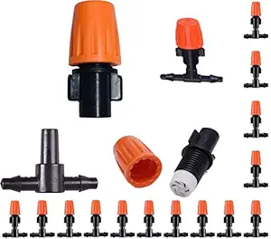 DIY Crafts 360 Orange Misting Nozzle+T For Drip Irrigation Adjustable Micro System Misting Spray Nozzle Mist Flower Sprayer Cooling Watering Lawn (Only 360 Orange Misting Nozzle) (5x, Misting+T/Tee)