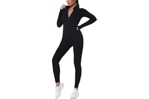 ORANDESIGNE Combinaison de Yoga Moulante Femme Jumpsuit Une Pièces à Manches Longues Sexy Coupe Ajustée Extensible Vetement avec Fermeture éclair pour Fitness Tenue Quotidienne