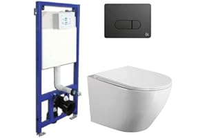 B BAÑO TOTAL Pack Inodoro Suspendido + Cisterna Empotrada | Inodoro Empotrado con Fondo Reducido y Asiento Extrafino con Caida Amortiguada (Pack Wc Suspendido + Cisterna Empotrada + Pulsador Negro)