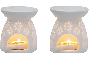 ZEEWIZZ2 PACK !BIG SIZE! 9.8 x 9.8 x 11.5 cms Wax Oil Burner White - Star Pattern, Ceramic Aroma Burners Warmer Aromatherapy Holder Candle Scented Diffuser Home wax burner.