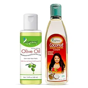 KAZIMA Combo of Olive Oil and Coconut Herbal Hair Oil for Hair, Skin and Body, 100 ml each