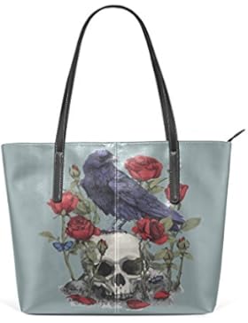 COOSUN Aquarell Totenkopf und Rosen Vogel PU Leder Schultertasche Handtasche und Handtaschen Tasche für Frauen