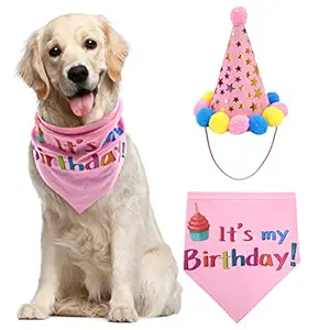 PUPTECK Dog Birthday Bandana Scarfs with Cute Girl Doggie Birthday Party Hat Pink