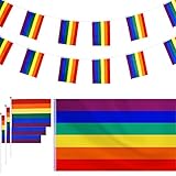 Incluye: 1 pieza de 150 x 90 cm de gran bandera colgante, 1 pieza de estandarte y 12 piezas de pequeñas banderas de arcoiris, totalmente 14 piezas