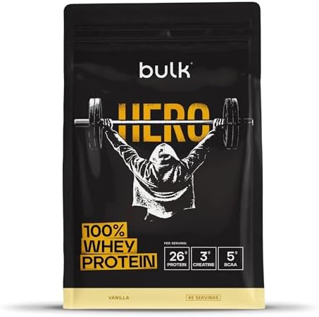 Bulk Hero Whey Protein Powder | Vanilla | 65 Servings | 26g Protein + 3g Creatine | 5g BCAAs | Low Sugar | Fast Absorption | Isolate, Hydrolysed & Concentrate Blend