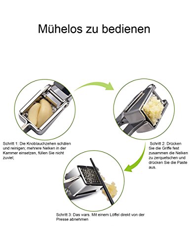 [Knoblauchpresse] Garlic Press Hochwertige Knoblauchpresse aus Edelstahl nicht rostende – spülmaschinengeeignete Knoblauch Crusher mit ergonomischem Griff- Edelstahl Knoblauchpresse mit Silikon Knoblauchschäler - 6