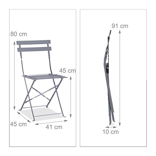 Relaxdays Bistrotisch mit 2 Stühlen, Klappbar, Eckig 60×60 cm, Metall, Outdoor, Garten Bistroset 3 Teilig, Wetterfest, Grau - 3