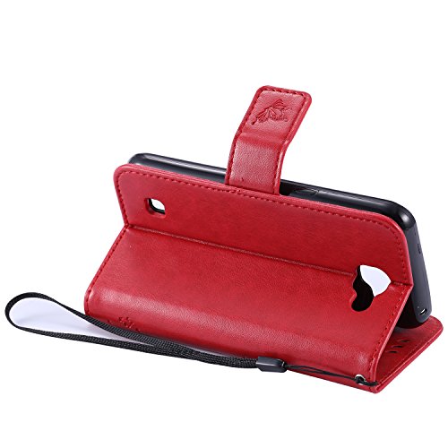 LG K4 Hülle Rote im Retro Wallet Design,Cozy Hut LG K4 Hülle Leadertasche Premium Lederhülle Flip Case im Bookstyle Folio Cover Kartenfächer Magnetverschluss und Standfunktion Leder Schale Etui für LG K4 (4,5 Zoll) Handytasche Schutzhülle Katzen und Bäume Muster – Rote - 5