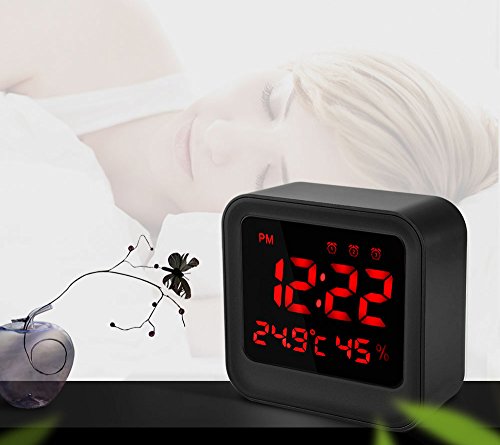 Welltop Digital Wecker mit 3 Sätzen Alarm, Zeit / Temperatur / Luftfeuchtigkeit Anzeige, Großbildschirm Reise Wecker, Schwarz - 6