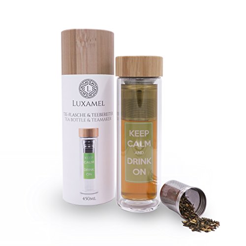 Luxamel | Teeflasche/Teebereiter aus Glas | Doppelwandig mit Sieb und Bambus Deckel | Im exklusivem Geschenkkarton | BPA-frei | 450 ml