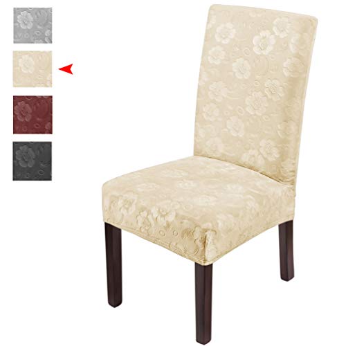 LUOLLOVE Coprisedia con Schienale,Coprisedia in Velluto Elasticizzato con Motivo Floreale,Spandex Lavabile Coprisedie Sala da Pranzo(6 PCS-Crema)