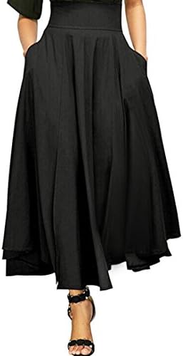 Quistal Floral Skirt Women High Waisted Pleated Flare Maxi Skirts Front Slit Belted Dress (2XL, Black)