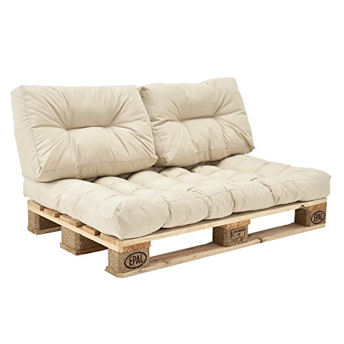 [en.casa] Set de 3 cojines para sofá-palé - cojín de asiento + cojines de respaldo acolchados [beige] para europalé In/Outdoor