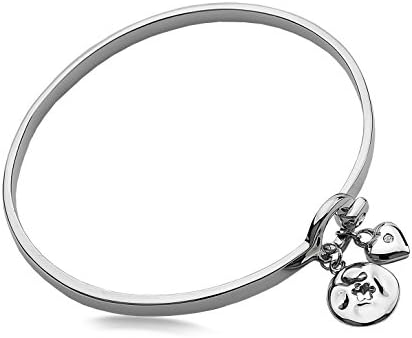 IT Diamonds Rhodium Plated Brass Hand Set Diamond Amour Hammered Cut Out Flower and Small Heart Bangle