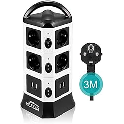 Multiprise USB avec 10 Prises Electrique et 4 Ports USB, Tour Multiprise Parasurtenseur Parafoudre, 2500W/10A, 3M Câble, Noir et Blanc