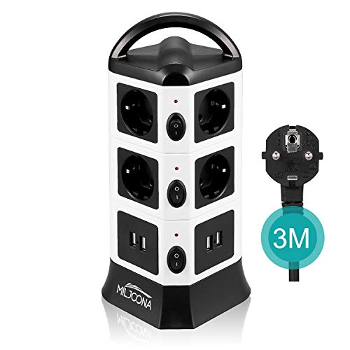 Multiprise USB avec 10 Prises Electrique et 4 Ports USB, Tour Multiprise Parasurtenseur Parafoudre, 2500W/10A, 3M Câble, Noir et Blanc