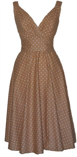 1950's Vintage Retro Style Beige Polka Dot Full Circle Cotton Dress (14)