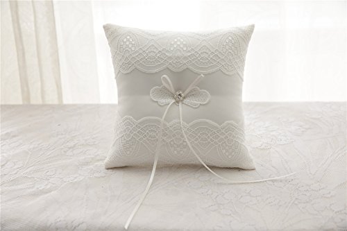 Hochzeit Ringkissen Kissen gestickte Blumen mit Schleife 19cm * 19cm — Ivory - 7