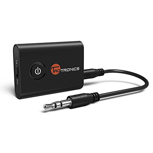Transmisor Bluetooth Adaptador TaoTronics Receptor Transmisor 2 en 1, empareja 2 dispositivos al mismo tiempo, Jack 3,5 mm aptX, para TV, Coche, Audio, Música, uso de 10 horas, baja latencia, Color Negro