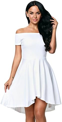 Off Shoulder Skater Dress - Women Off Shoulder Short Sleeve High Low Skater Dress (S(US 4-6), White)