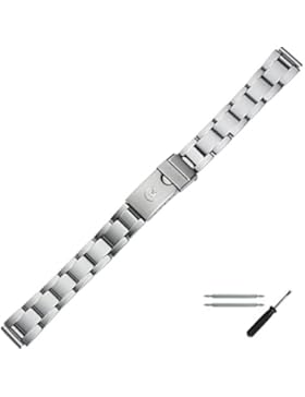 Uhrenarmband Metall 12mm silber matt - inkl. Federstege & Werkzeug - robustes Gliederband für Uhren - gefaltete...