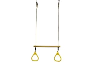 HUAWELL Wooden Trapeze with Plastic Gym Rings - Outdoor N Indoor Playground 2 in 1 Swing Set Accessories for Kids (Yellow)