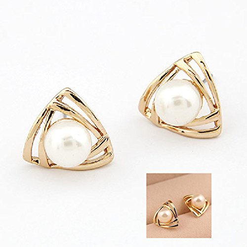 EQLEF® 2 Pairs of Fashion Women Triangle Gold Plated White Pearl Earring