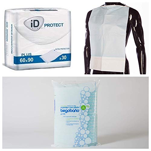 KIT AYUDA DOMICILIO compuesto por: 100 esponjas jabonosas BB3 170G doble grosor+30 empapadores protectores celulosa 60x90cm+125 baberos desechables de papel y polietileno 36x64cm.