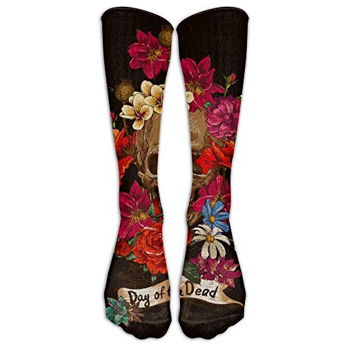 Grunge Cute Mexican Sugar Skulls Day of The Dead Floral Outdoor Athletic Long High Sock Stocking Multi Colorful Flowers Sugar Skull