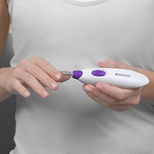 JCMASTER Maniküre/Pediküre/Hornhautentfernung 5 in 1 Set Batterie betrieben, mobiler Nagelfräser lila/weiß für privaten Gebrauch, Reisen und unterwegs - 6