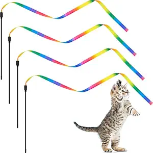 4 Pieces Rainbow Cat Wand String Interactive Cat Wand Cat Stick Toy Cat Ribbon Charmer for Cat Training Exerciser