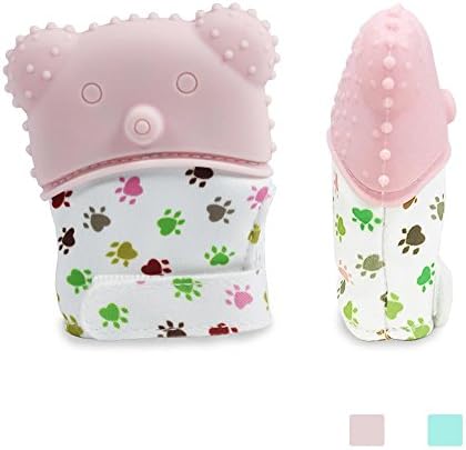 Anbber Baby Teething Glove Mittens Munch Soothing Mitt, Pain Relief Remedy for Sore Gums and Cutting Teeth (3-12 months Baby) 100% Food Grade Silicone (Pink Bear)