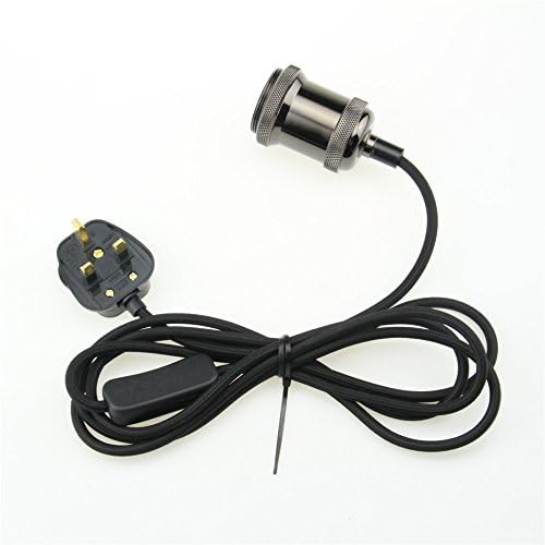 REACHYEA 2.5 Meter (8.33 ft) of 2 Core Black Fabric Cable Plug in Hanging Lantern Cord Vintage Edison Aluminum Light with On/Off Switch and E27 Pearl Black Lamp Holder