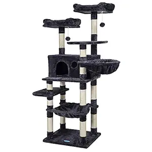 Hey-brother Multi-Level Cat Tree Condo for Large Cats, Cat Tower with Scratching Board, Padded Plush Perch and Cozy Basket Smoky Gray MPJ0025G