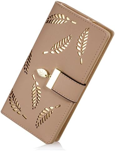 Women's Wallet Hollow Leaf Pattern Bifold Leather Lady Long Wallet Purse Coin Button Clutch Bag (Beige)