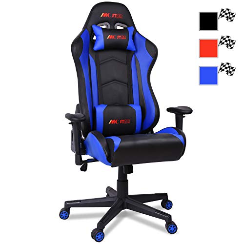 MC Star Silla Gaming PC Oficina Ergonómica Racing Carreras Silla de Escritorio Despacho para Gamer Profesional Regulable Reclinable Diseño con Cojin Lumbar y Almohada [Racing Azul]