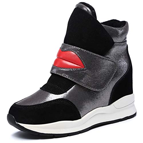 WODE delle Donne High Heels Neve Stivali Caldi di Modo Grandi Labbra Velcro Spessa Pelliccia Imbottito Walking Shopping Ragazze Adolescenti Racchette da Neve,Black-34